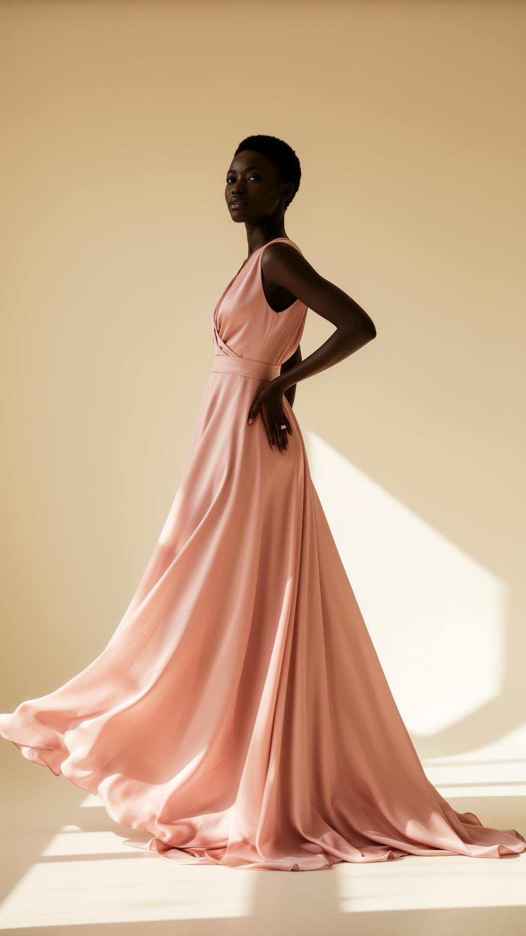 Nisshe model in soft blush pink flowing satin maxi dress